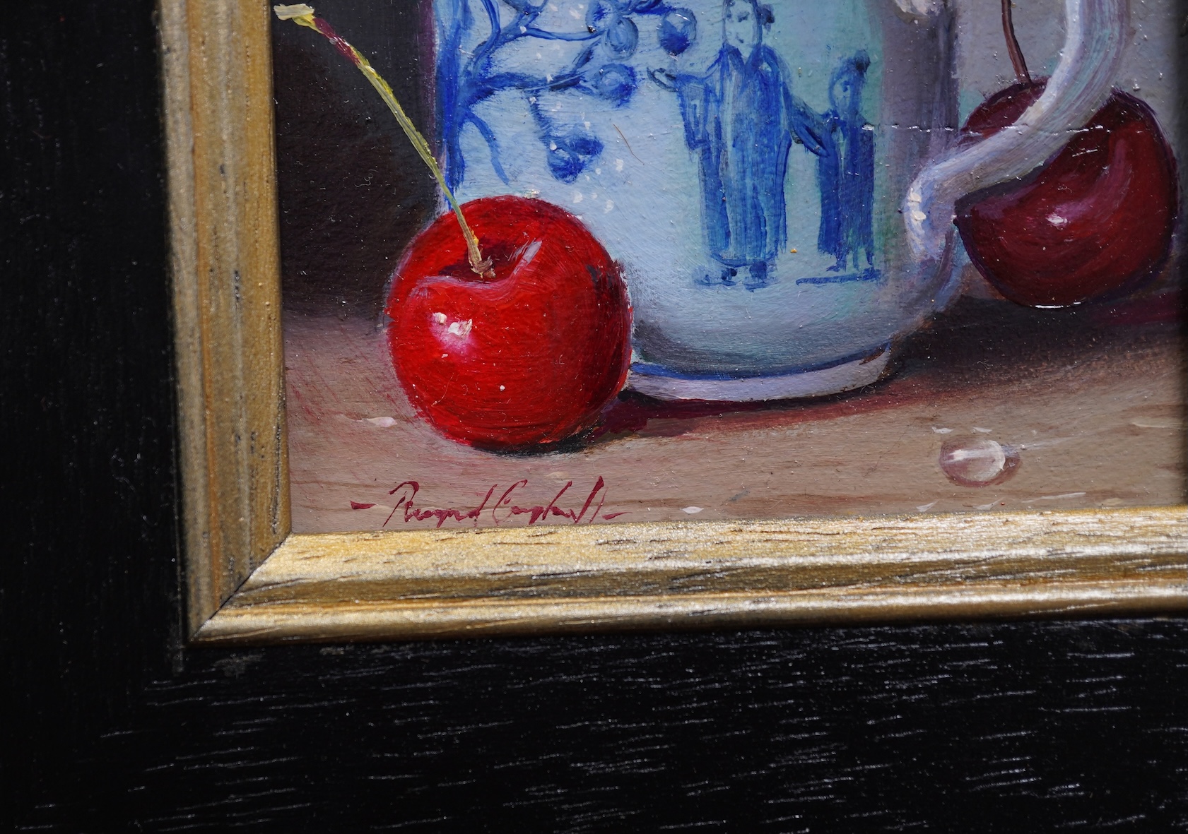 Raymond Campbell, (b. 1956), ‘Blue and white porcelain cup with cherries’